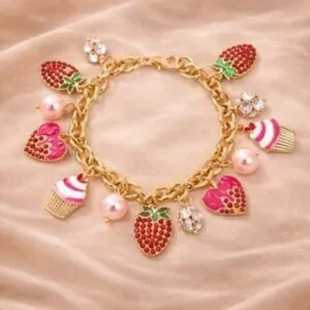 Strawberry Cupcake Gold Crystal Imitation Pearl Sweets Charm Bracelet
